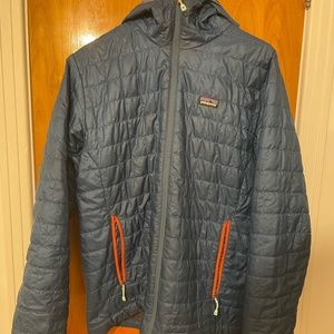 Patagonia nano puff hoodie blue with orange accents